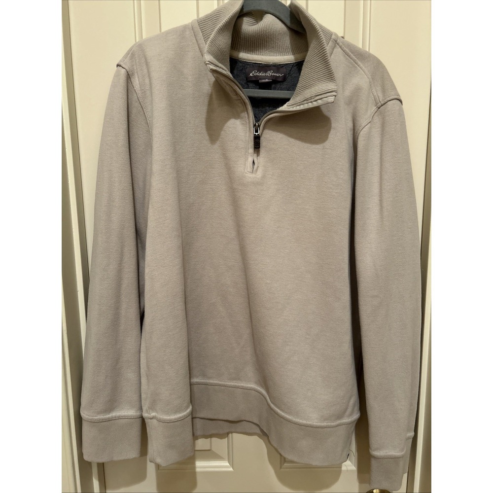 Eddie Bauer Sweater Mens Extra Large XL Beige Adult Cotton Pullover Quarter Zip